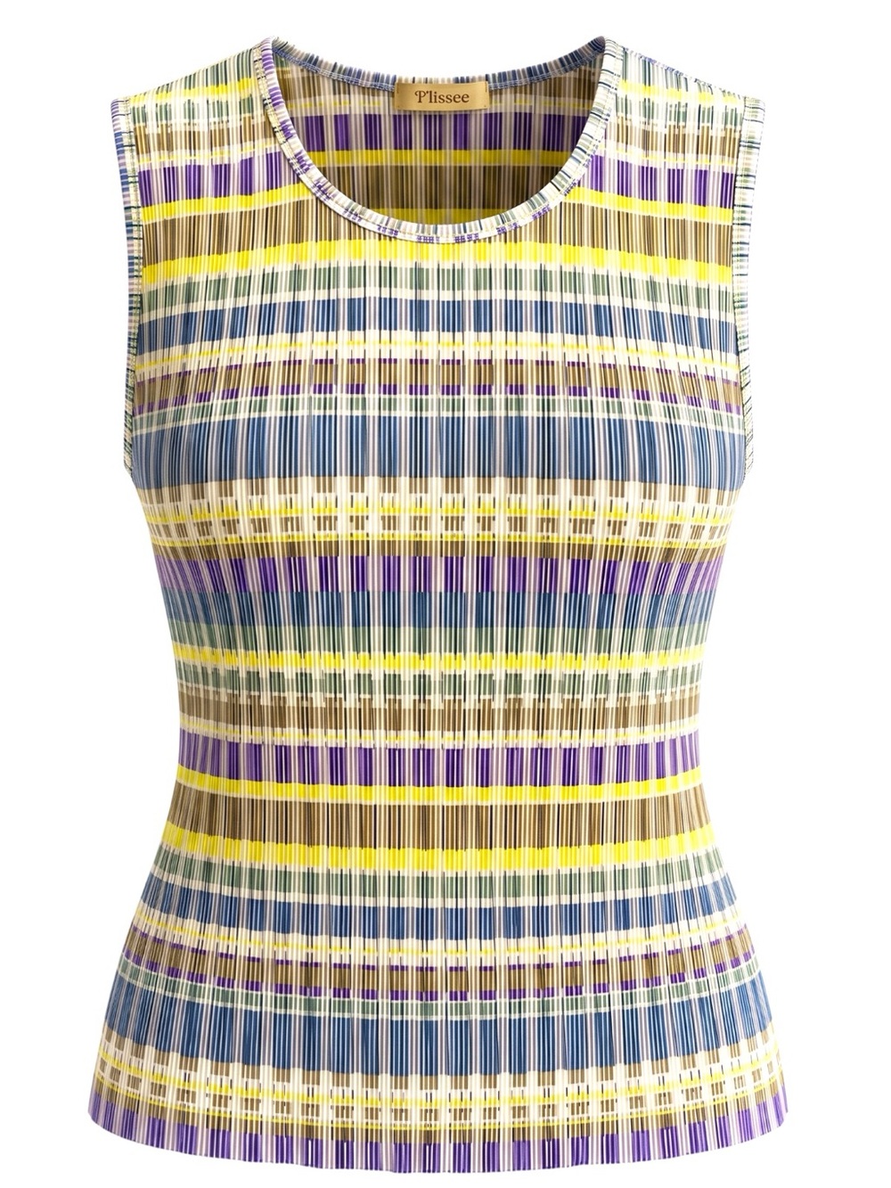 Vintage Plisse Pleated Sleeveless Multicolor Stripe Tank Top Crepe Feel Womens M